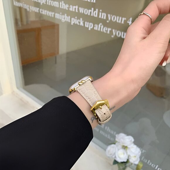 Apple Watch Band Stylish Premium Leather Gold Strap Watch Band - Cream - Picture 2 of 2